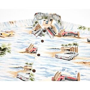 Kahala Men's‎ Rayon Shirt Classic Cars Surfer Waves Hawaiian Camp Large USA